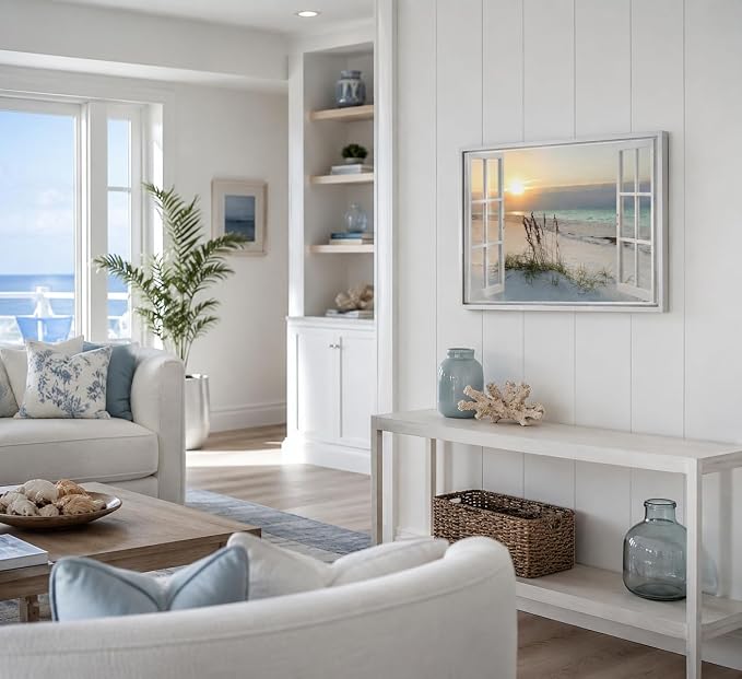 LRTNMTJ Beach Window Sunset Canvas Wall Art Fake Window Ocean Coastal Wall - Image 4