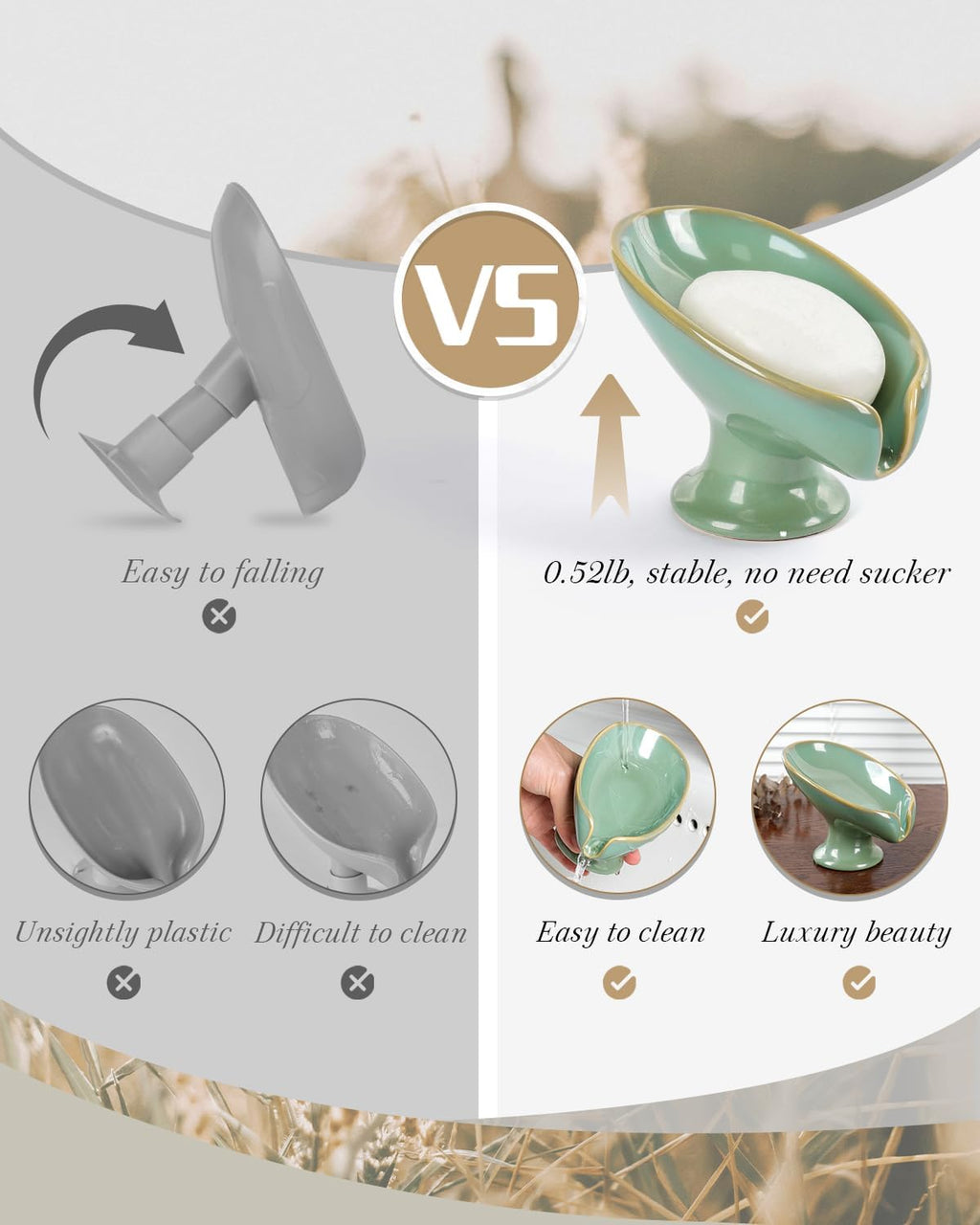 Soap Dish, Self Draining Bar Soap Holder for Bathroom Sink, Leaf Shaped Drainage Ceramic Mint Green Porcelain Decorative Soap Dish, No Suction Cup, ANTIS'S HOME