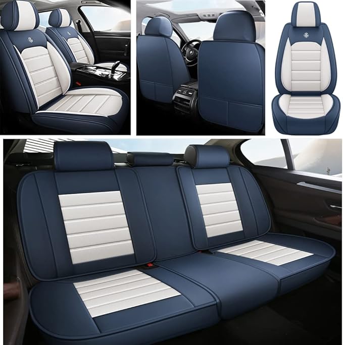 Leather Seat Cover for Ford Edge 2010-2026,Waterproof Soft Seat Covers,Interior Accessories Seat Covers Cushion Vehicle Protector Airbag Compatible(Blue&White,Full Set)