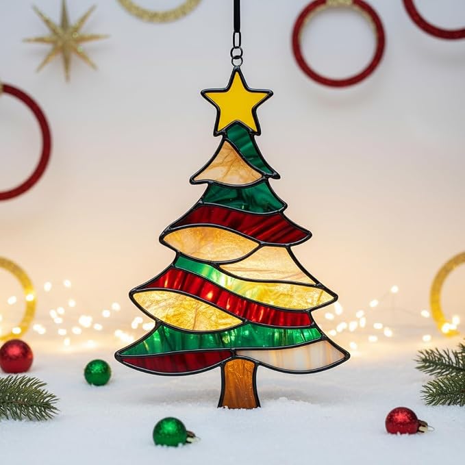 Festive Star Christmas Tree Acrylic Suncatcher, Faux Stained Glass Indoor - Image 3
