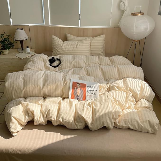 Nayoroom Striped Duvet Cover King Size 100% Washed Cotton Beige Duvet Cover - Image 4