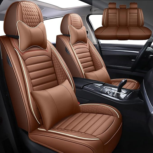 Leather Car Seat Covers for Toyota Corolla 2006-2024,Car Seat Covers Full Set,Seat Covers with Safety,Waterproof Seat Cover Compatible Airbag(5pcs Coffee Luxury)