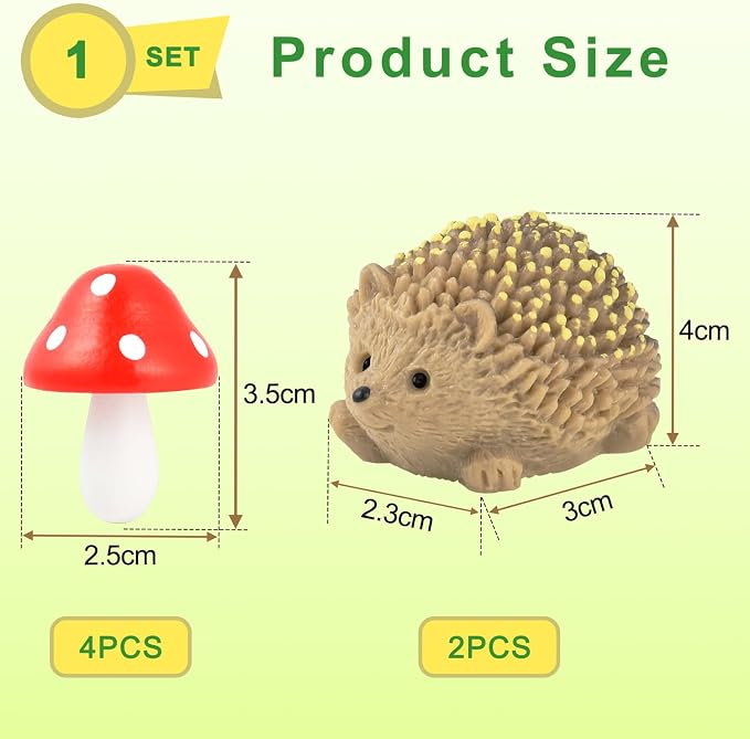 CooBigo 6 Pack Resin Hedgehogs & Wood Mushroom Sculpture, Fairy Wild Garden - Image 2