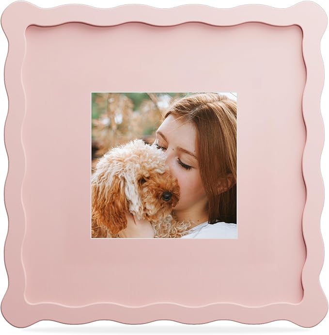 8x8 Picture Frame with Mat for 4x4, Wavy Edge Wooden Real Glass Photo Frame for by THKRLOF