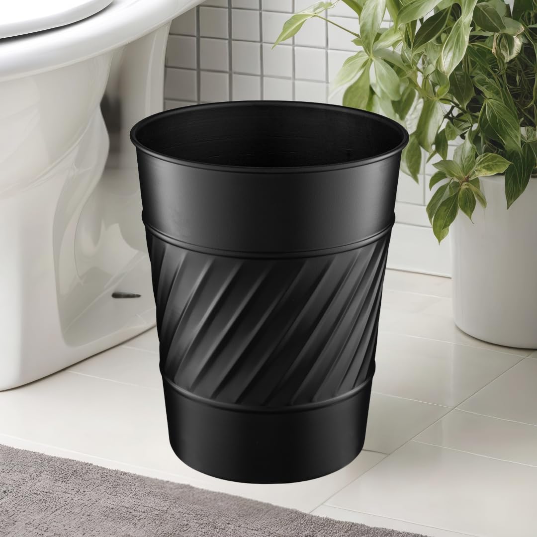 Monarch Abode Black Handcrafted Wave Embossed Metal Wastebasket for Home Office Bedroom, Decorative Waste Basket, Modern Bathroom Garbage Can, Durable & Decorative Trash Bin, Black Bathroom Trash Can