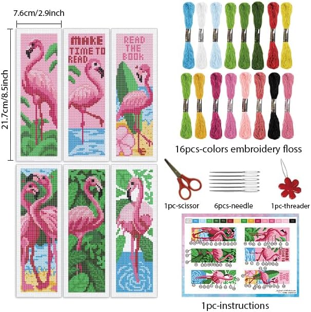 INFUNLY 6PCS Flamingo Cross Stitch Bookmarks Kit Pink Handmade Cross Stitch - Image 2