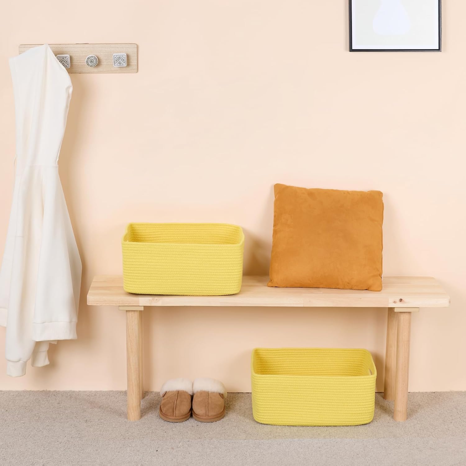 Large Storage Baskets for Shelves, Closet Organizers Bins for Clothes Blanket Towels, Baby Nursery, Toy Baskets Box, Woven Rope Baskets, 17 x 13 x 7.5”, 3 Packs Yellow