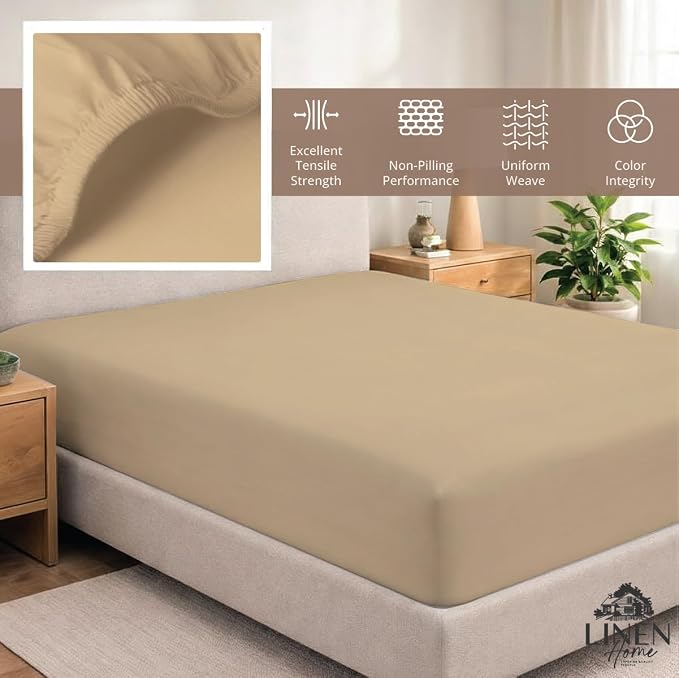 Linen Home 100% Cotton Percale Weave Fitted Sheet, Queen Size, Light Taupe - Image 5