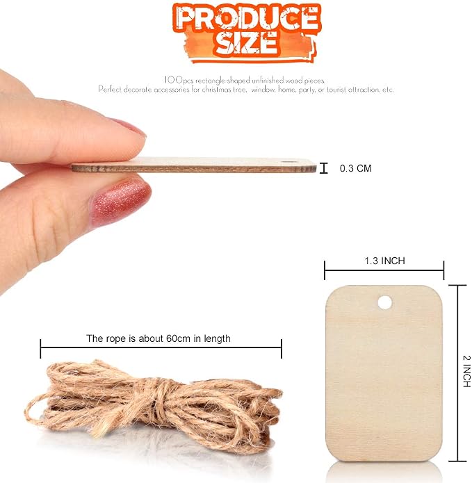 100 Pcs Unfinished Wood Pieces Rectangle-Shaped, Light Wooden Cutout Natural - Image 2