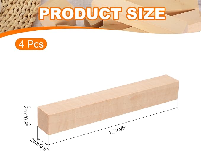 MECCANIXITY 4Pcs Basswood Carving Block, 0.8"x0.8"x6" Square Wooden Dowels - Image 2