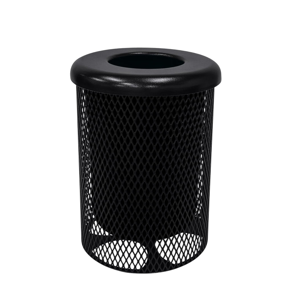 COATEDOUTDOORFURNITURE RFT-BLK Heavy Duty 32 Gallon Round Trash Receptacle, Liner Included, Black with Black Flat Top, Made in America