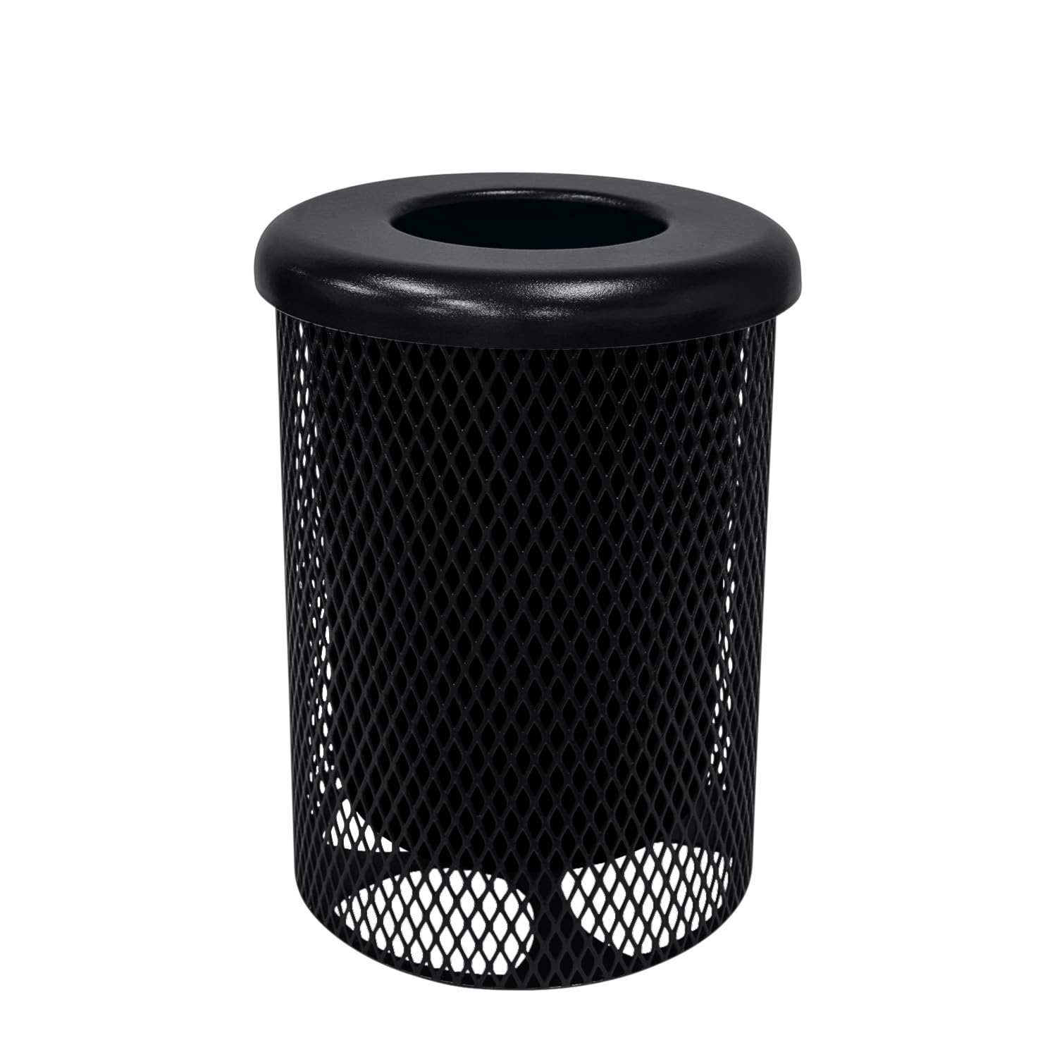 COATEDOUTDOORFURNITURE RFT-BLK Heavy Duty 32 Gallon Round Trash Receptacle, Liner Included, Black with Black Flat Top, Made in America