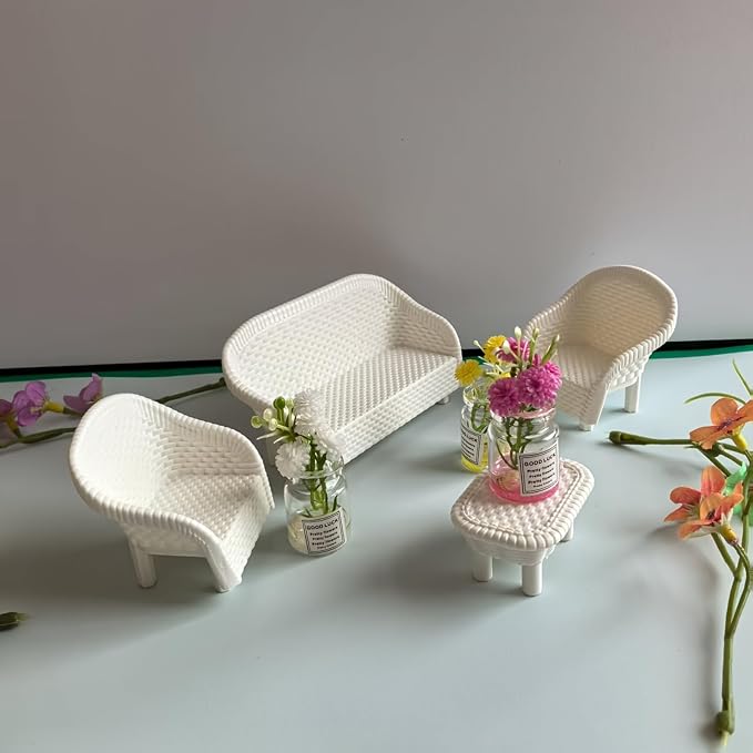 4 Pack Miniature White Wicker Tea Table and Chair Set, Dollhouse Furniture Decor - Image 4