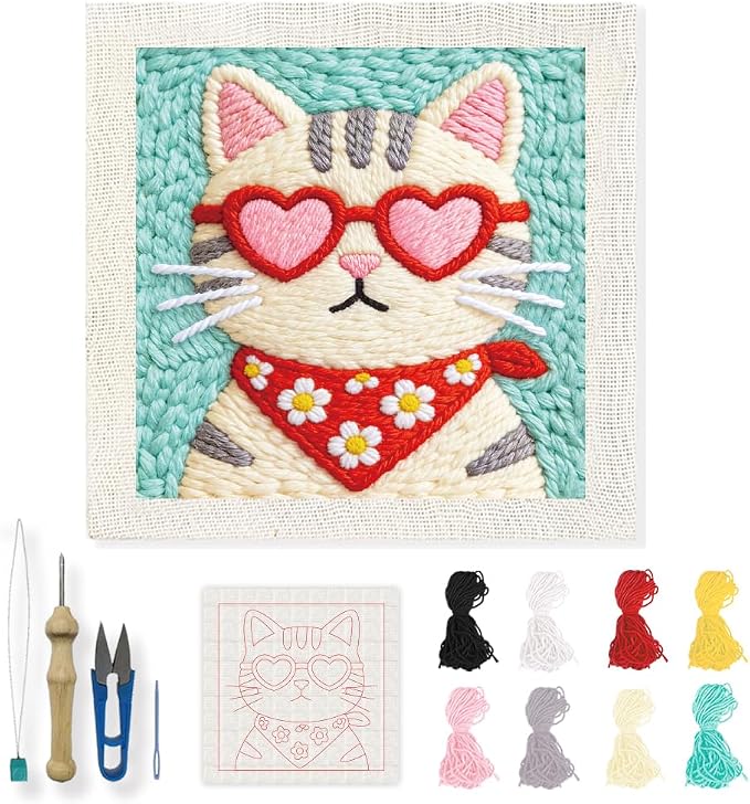 INFUNLY Cool Cat Punch Needle Kit Heart Cat DIY Embroidery Punch Needle Set by INFUNLY