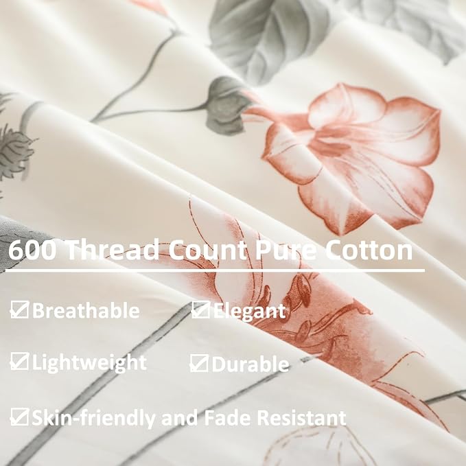 OAITE Duvet Cover Set King Size Floral Pattern 600 Thread Count Ultra Soft 100% - Image 4