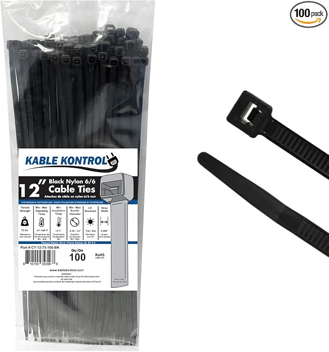 Kable Kontrol Black Zip Ties 12 Inch 100 Pcs, 75 Lbs Tensile Strength, by KABLEKONTROL%C2%AE