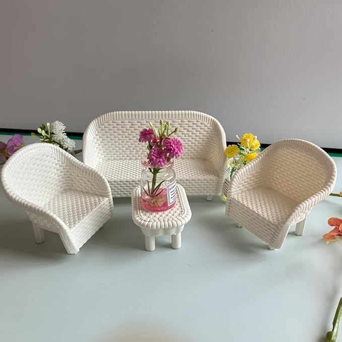 4 Pack Miniature White Wicker Tea Table and Chair Set, Dollhouse Furniture Decor by Unknown