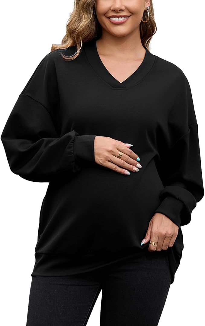 GINKANA Maternity Long Sleeve Shirts V Neck Sweatshirt Casual Tunic Tops Pregnancy Pullover with Pockets