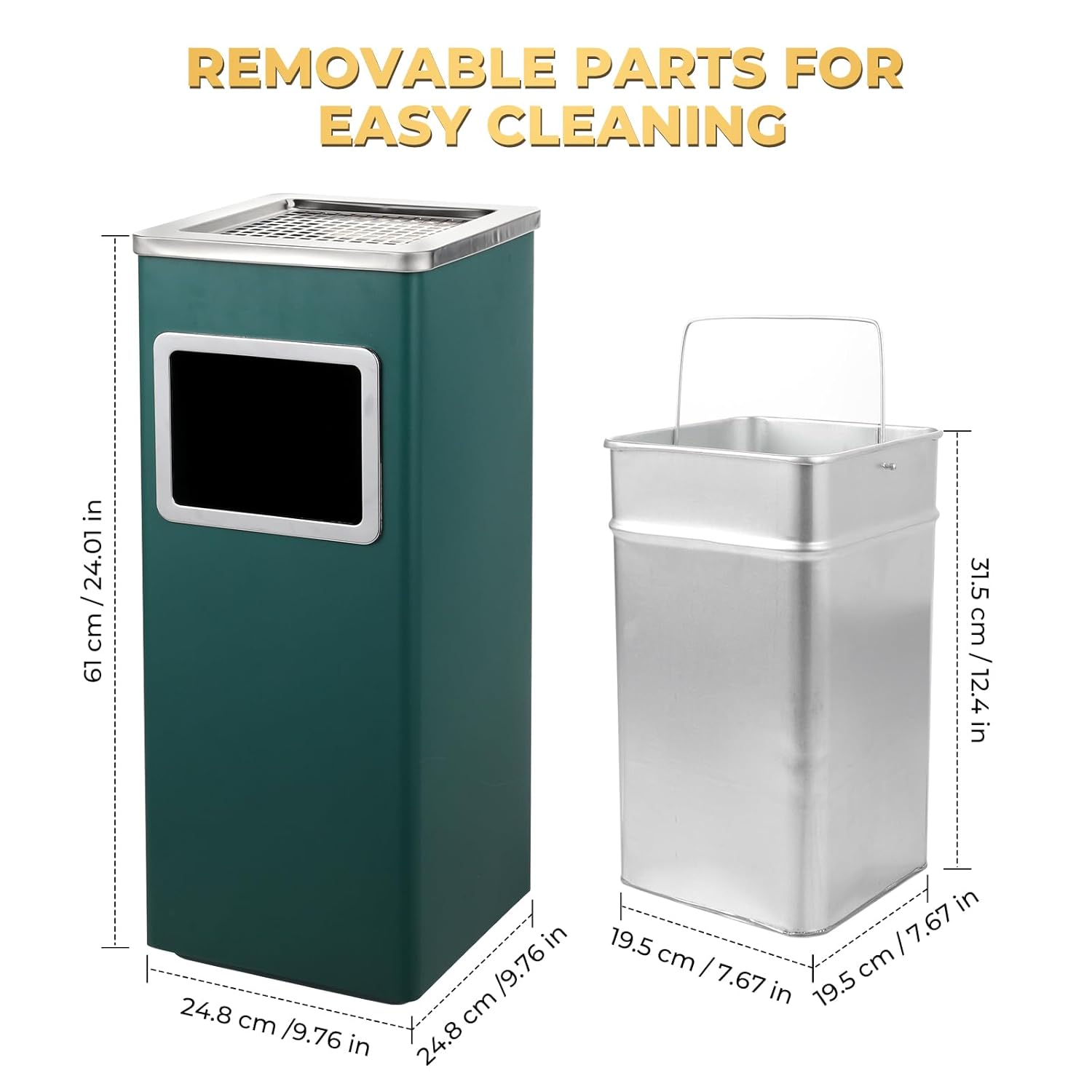 Trash Can Outdoor Waste Container Square Stainless Steel Trash Can with Removable Inner Bucket for Disposal Commercial Waste Container 9.45‘’ x 9.45‘’ x 24.02‘’-Green