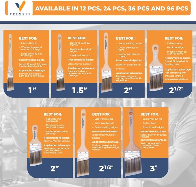 Vermeer Paint Brushes, 1 Inch Angled Paint Brush, Trim & Cut-in, 6 Pack | - Image 7