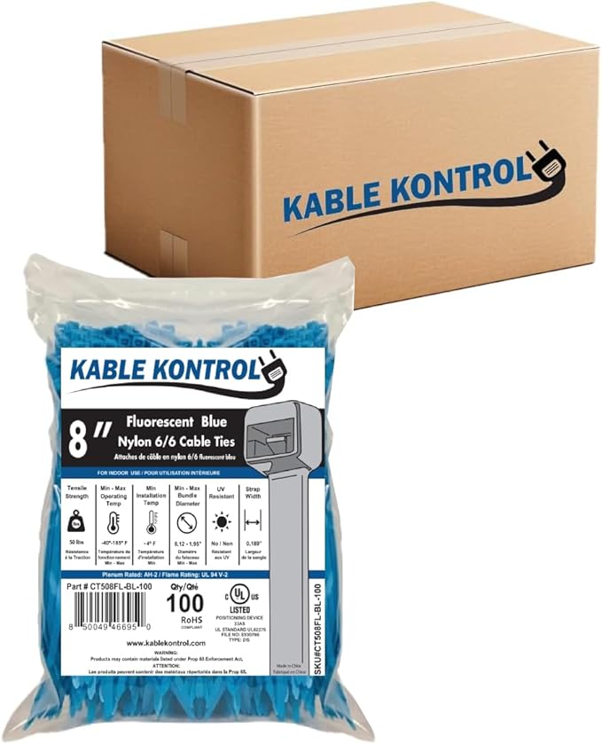 Kable Kontrol Fluorescent Blue Zip Ties 8 Inch 10, 50 Lbs Tensile Strength by KABLEKONTROL%C2%AE