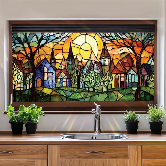 Colorful Fairy Village Stained Glass Window Film 17.71x39.97 Inch Sunlit Houses - Image 7
