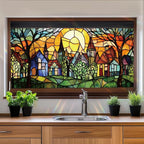 Colorful Fairy Village Stained Glass Window Film 17.71x39.97 Inch Sunlit Houses - Image 7