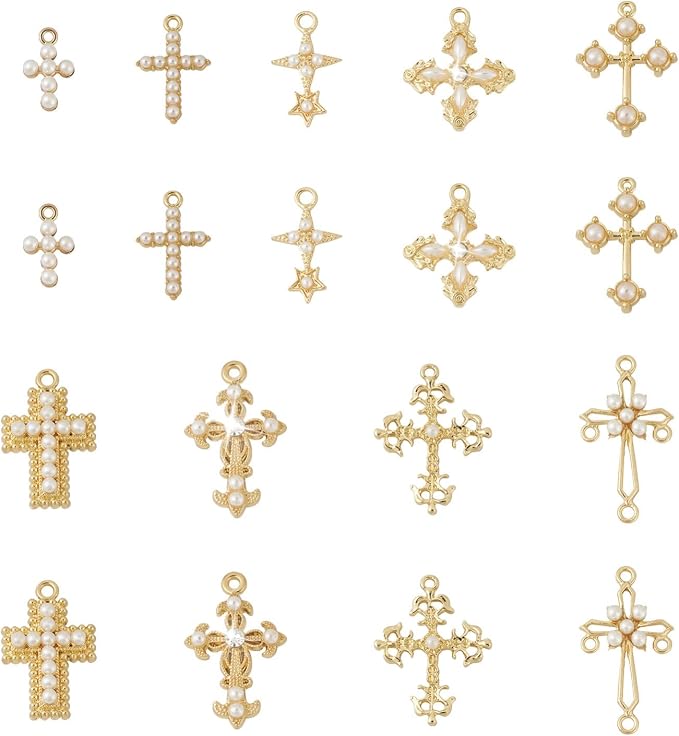 Cheriswelry 18Pcs Cross Metal Charms Light Gold Pearl Rhinestone Pendants Alloy - Image 8