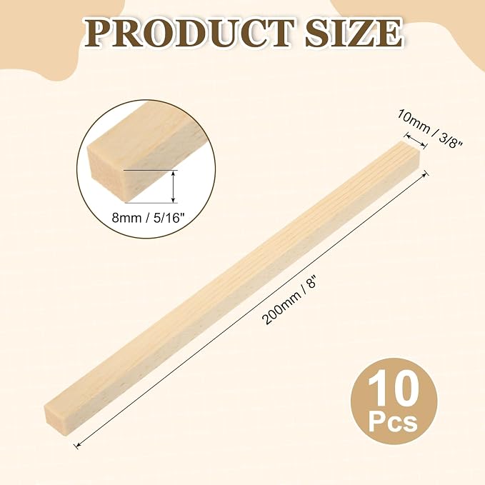 MECCANIXITY 10Pcs Wood Strips Slats, 5/16" x 3/8" x 8" Thin Wood Sticks Flat - Image 2