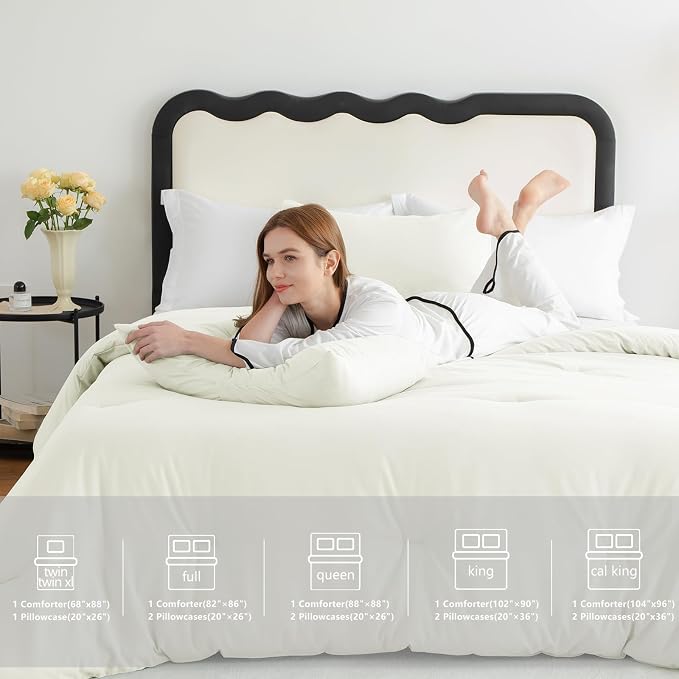 CozyLux Queen Comforter Set Ivory, 3 Pieces Solid Comforters Queen Size - Image 7