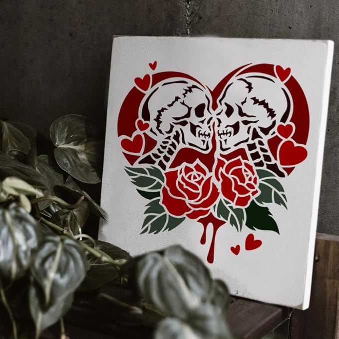 1 Piece Skeleton Lover Rose Craft Art Stencil, 11.8"x11.8" Skull Couple Plastic - Image 7