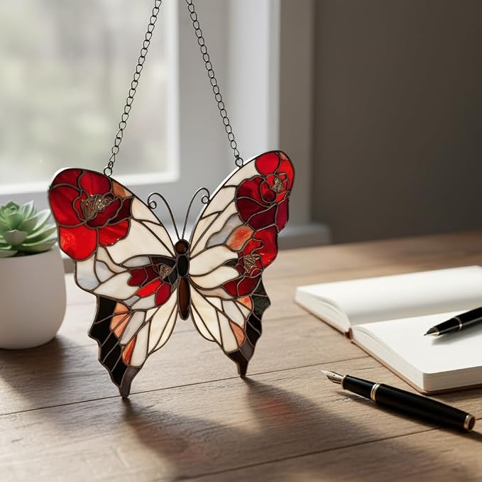 Red Poppy Butterfly Acrylic Suncatcher, Faux Stained Glass Indoor Window - Image 2