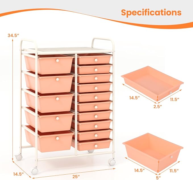 Giantex 15 Drawers Rolling Cart, Classroom Organizers, Storage Cart - Image 3