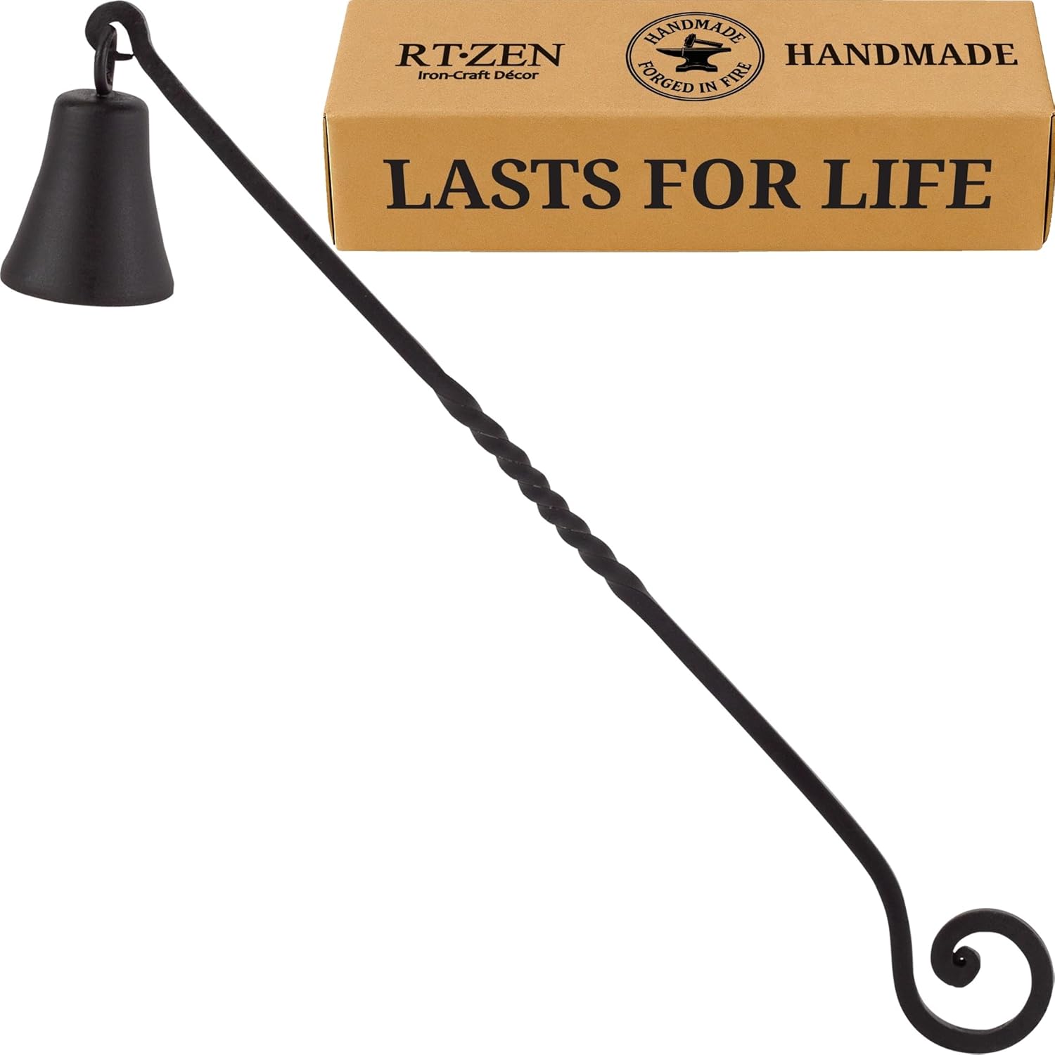 RTZEN Antique Bell Candle Snuffer - Handcrafted Decorative Rustic Wrought Iron Candle Extinguisher Candlesnuffer with Long Handle - Unique Black Matte Farmhouse Decor Accessories Gift