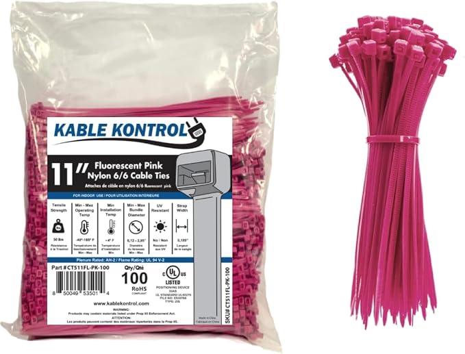 Kable Kontrol Fluorescent Pink Zip Ties 11 Inch 100 Pcs, 50 Lbs Tensile Strength by KABLEKONTROL%C2%AE