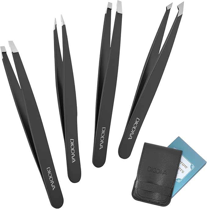 4-Pack Tweezers for Eyebrows Facial Hair, Ingrown Hair Removal, Tweezer Set by Diodiva