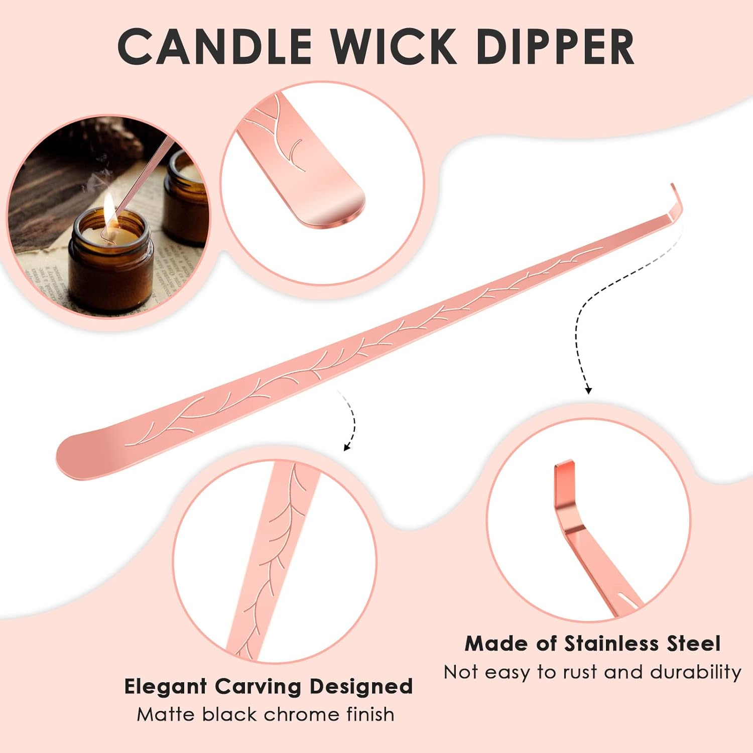 5 in 1 Candle Accessory Set,Candle Wick Trimmer Cutter Set,Candle Wick Dipper,Candle Wick Snuffer,Rechargeable Candle Lighter,Tweezers,Stainless Steel Candle Care Kit Gift for Aromatherapy(Rose Gold)…