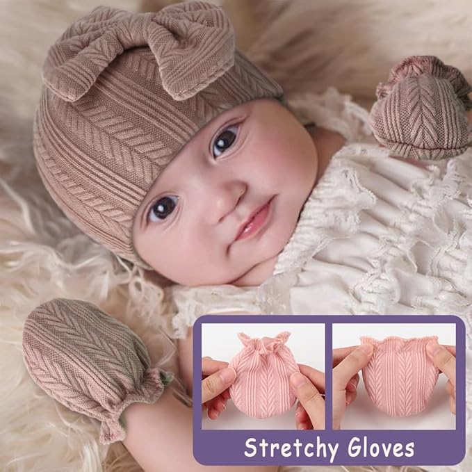 BQUBO Newborn Baby Hats Mittens Set Hospital Hat Beanie Infant Bow Hats Baby Gloves No Scratch Mittens for 0-6 Months