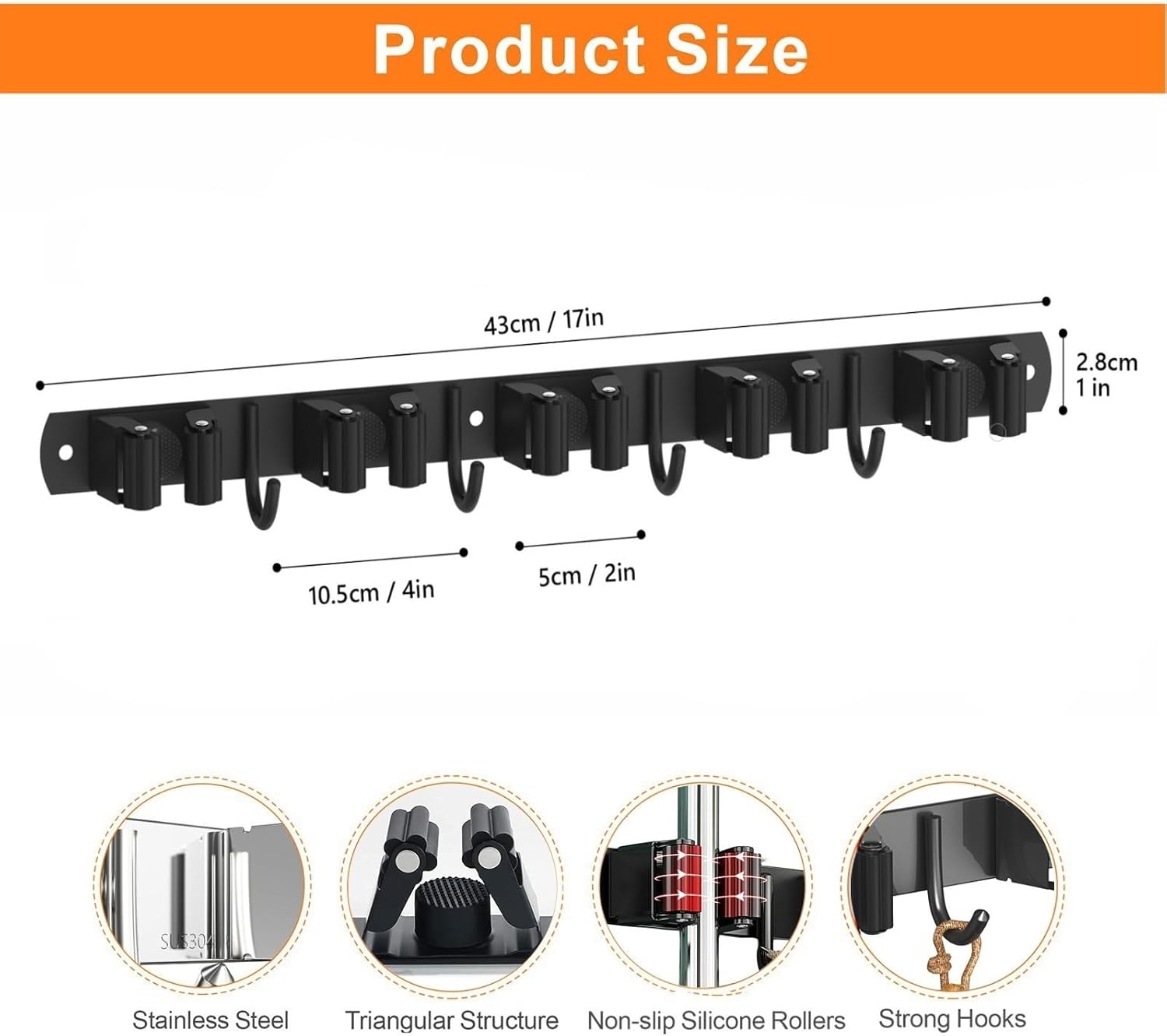 Mop and Broom Holder Wall Mount, Upgraded Broom Organizer Wall Mount, Stainless Steel Broom Hanger Wall Mount for Home Kitchen Garden Laundry Garage (5 Racks with 4 Hooks Black)