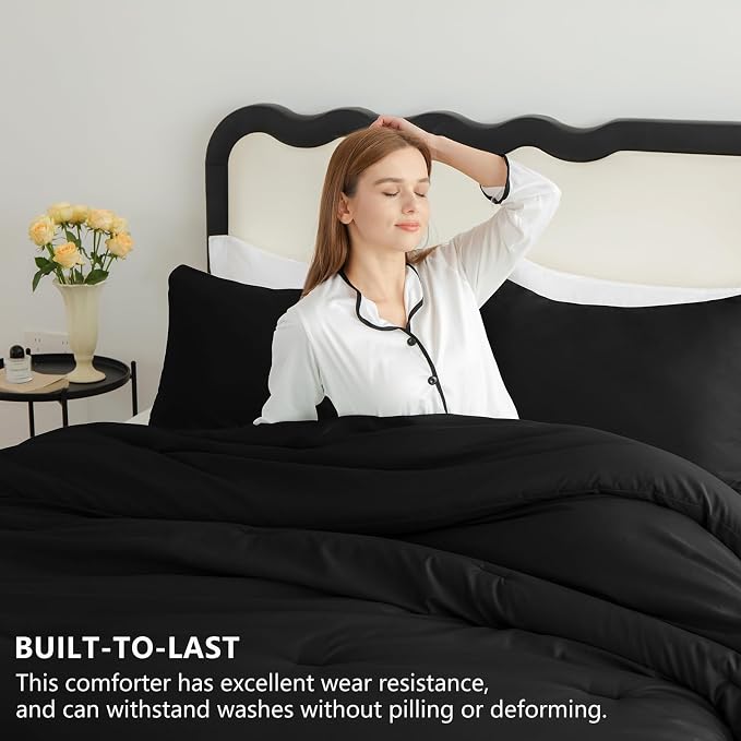 CozyLux Comforter Full Size Set Black, 3 Pieces Solid Lightweight Soft Bed Set - Image 2