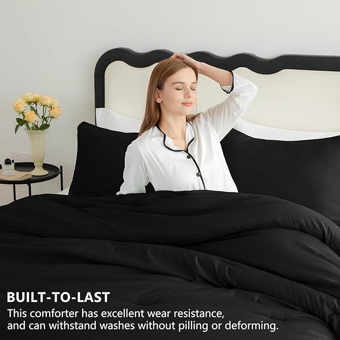 CozyLux California King Comforter Set Black, 3 Pieces Cal King Solid Breathable - Image 2