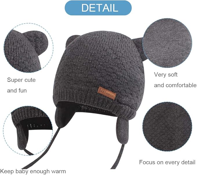 BAVST Baby Beanie Hat for Winter with Earfalp Cute Bear Kids Toddler Girls Boys Warm Knit Cap 0-2Years