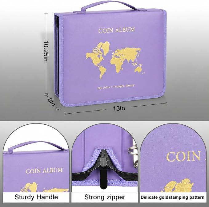 ANKHOH Zippered Coin Collection Book, 200 Pockets and 30 Bill Sleeves | PU - Image 2