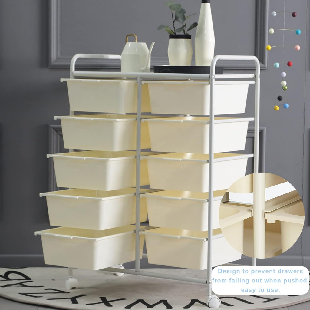Rolling Cart with 10 Drawers, Plastic Drawer Cart with Metal Frame, Multipurpose Art Craft Cart Organizer with Wheels, Utility Cart with Drawers for Home, Office, School, White