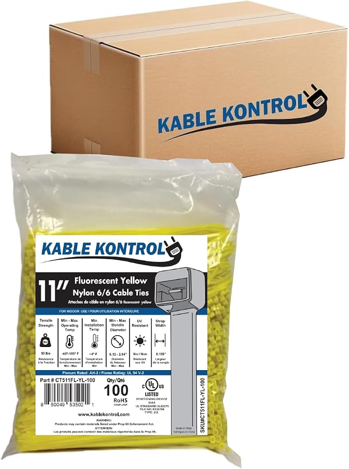 Kable Kontrol Fluorescent Yellow Zip Ties 11 Inch 8, 50 Lbs Tensile Strength by KABLEKONTROL%C2%AE