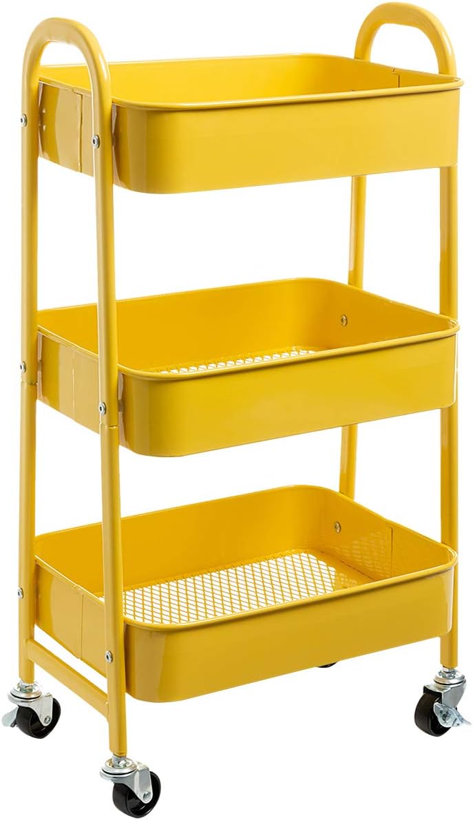 AGTEK Makeup Cart, Movable Rolling Organizer Cart, 3 Tier Metal Utility Cart, Yellow