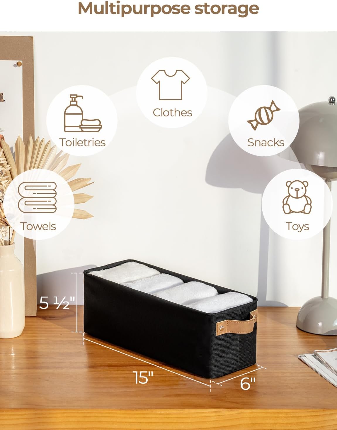 StorageWorks Narrow Storage Bins, Small Basket for Closet and Shelves, Fabric Organizer with Handles, Toilet Paper Storage, Black, 2-Pack