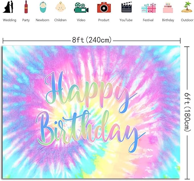 8x6ft Tie Dye Happy Birthday Backdrop Macaron Pastel Girls Birthday Background - Image 6