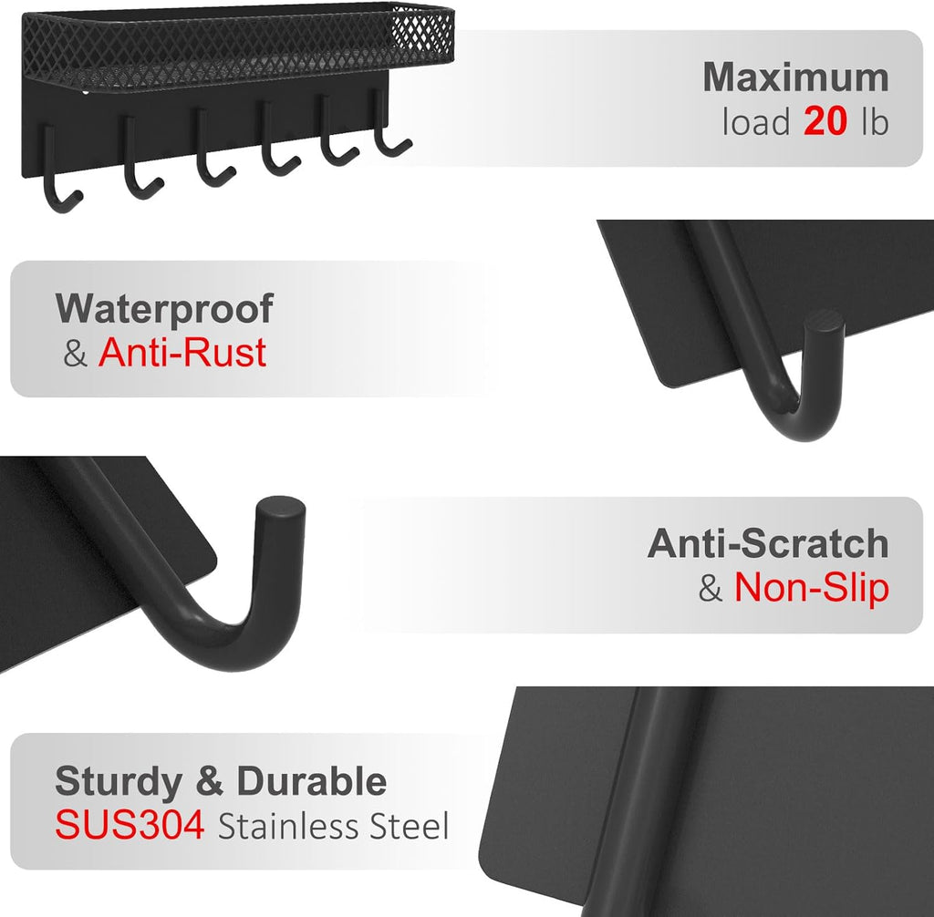 Key Holder for Wall – Decorative Stainless Steel Key Hanger with 6 Hooks for Hats, Bags, Leashes – Mail Holder Key Rack with Mounting Hardware and Guide (9.65” x 2.8” x 2.2”) (Black)