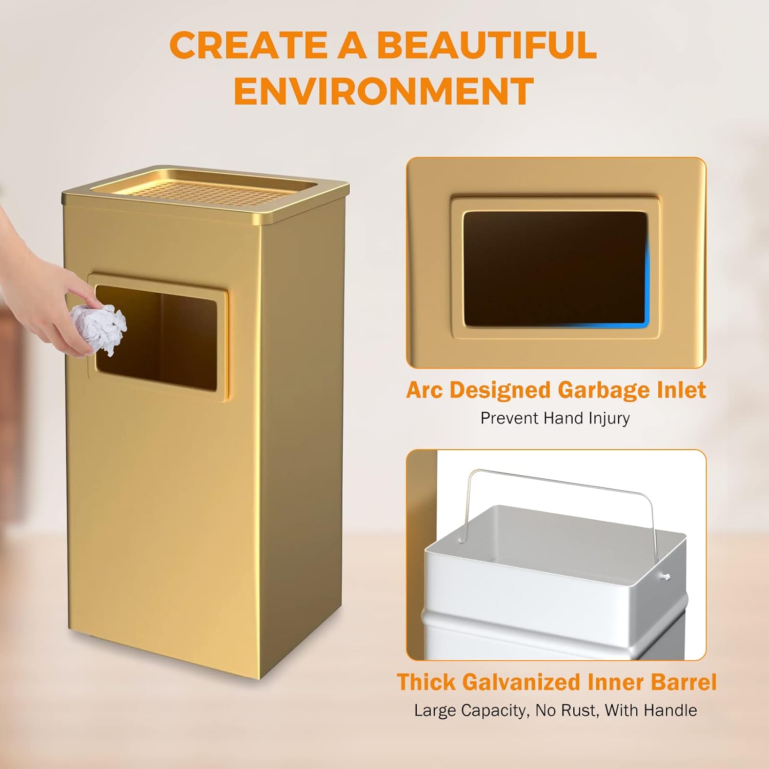 BEAMNOVA Trash Can Indoor Outdoor Black Stainless Steel Commercial Garbage Can Industrial Garbage Enclosure Inside Cabinet with Lid Waste Container, Gold Color, 12.2 * 9.8 * 24 in